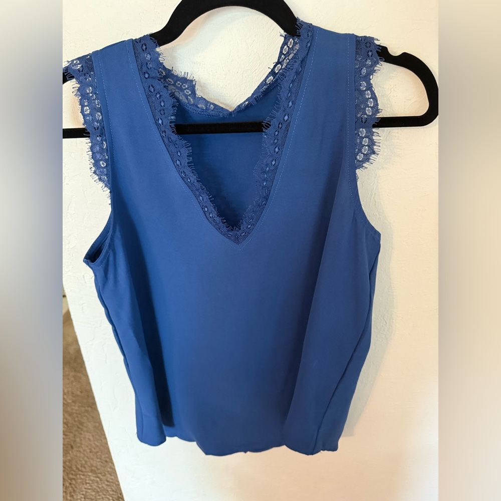 Blue Sleeveless Top with Lace Trim